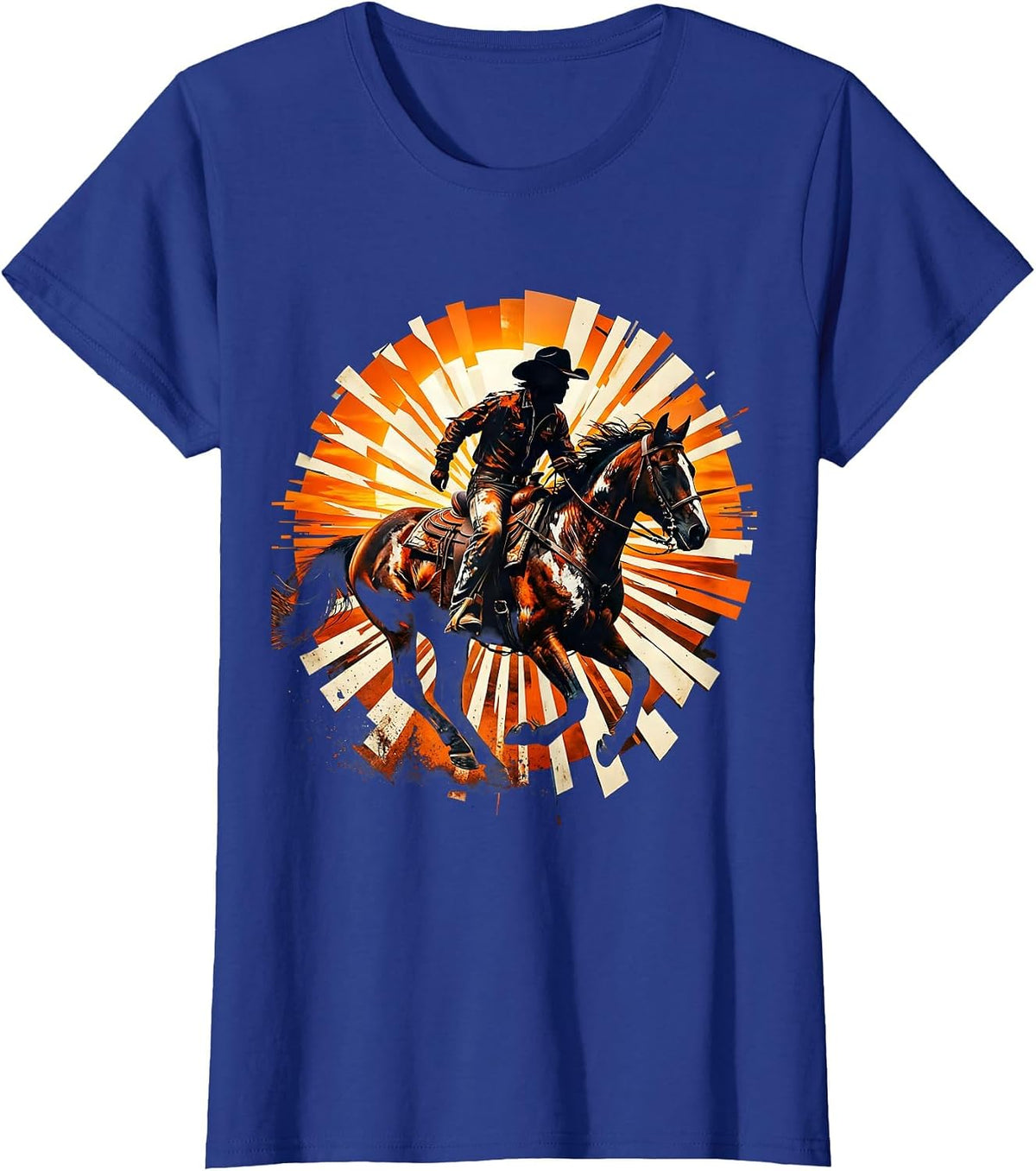 Women's Lone Cowboy Riding Horse at Sunset Graphic T-Shirt - Royal Blue