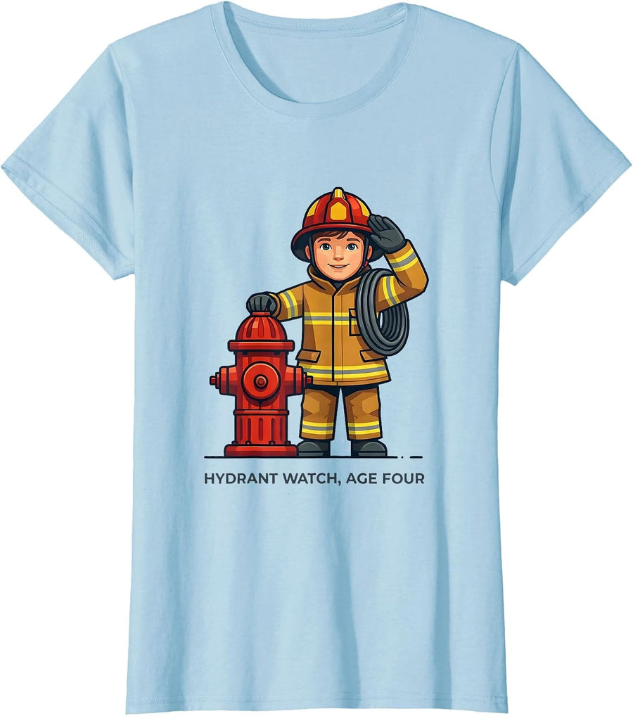 Women's Hydrant Watch Age Four Toddler Boy Firefighter Birthday T-Shirt - Baby Blue