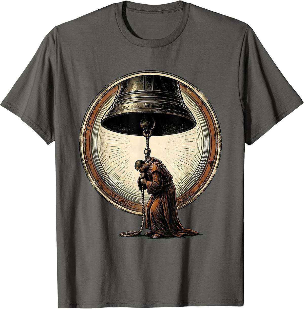 Monk Ringing Iron Bell at Dawn Graphic T-Shirt - Asphalt Grey