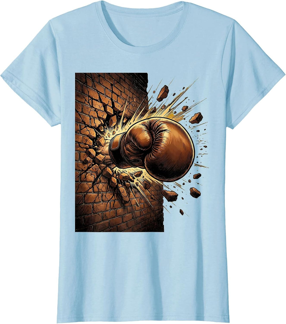 Boxing Fist Shattering Brick Wall Graphic T-Shirt - Baby Blue