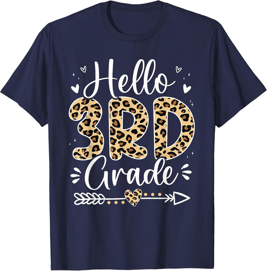 Hello 3rd Grade Leopard Teacher Student Back to School Girls T-Shirt - Navy Blue