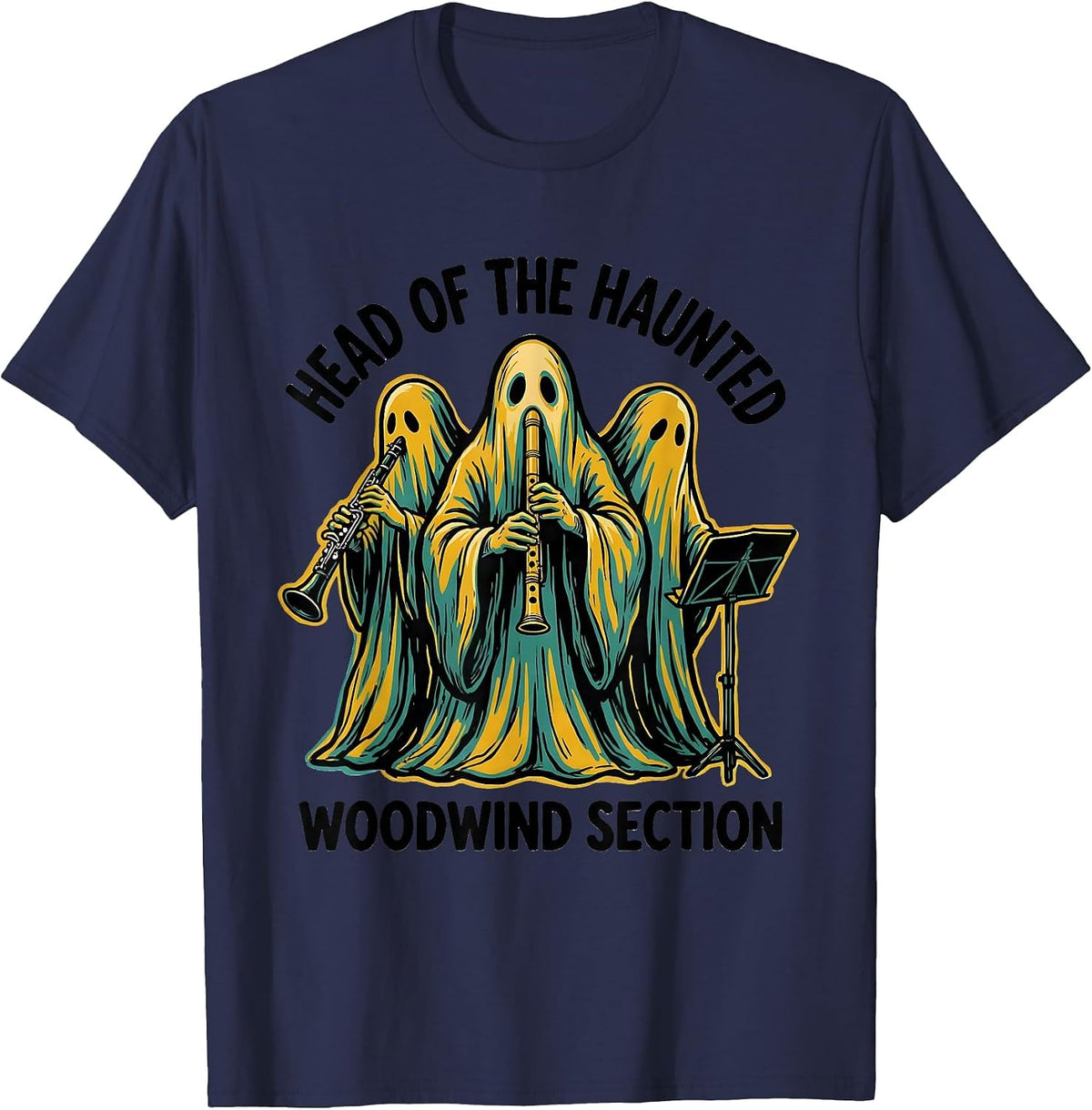Men's Head of the Haunted Woodwind Section Whimsical Music Teacher T-Shirt - Navy Blue
