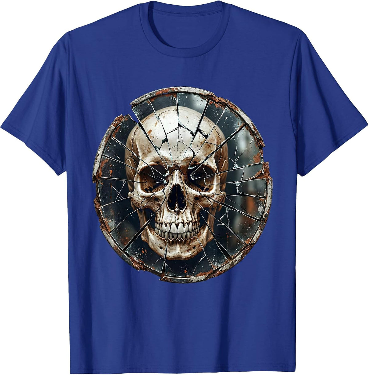 Grunge Cracked Mirror Fragmented Skull Reflection T-Shirt - Royal Blue