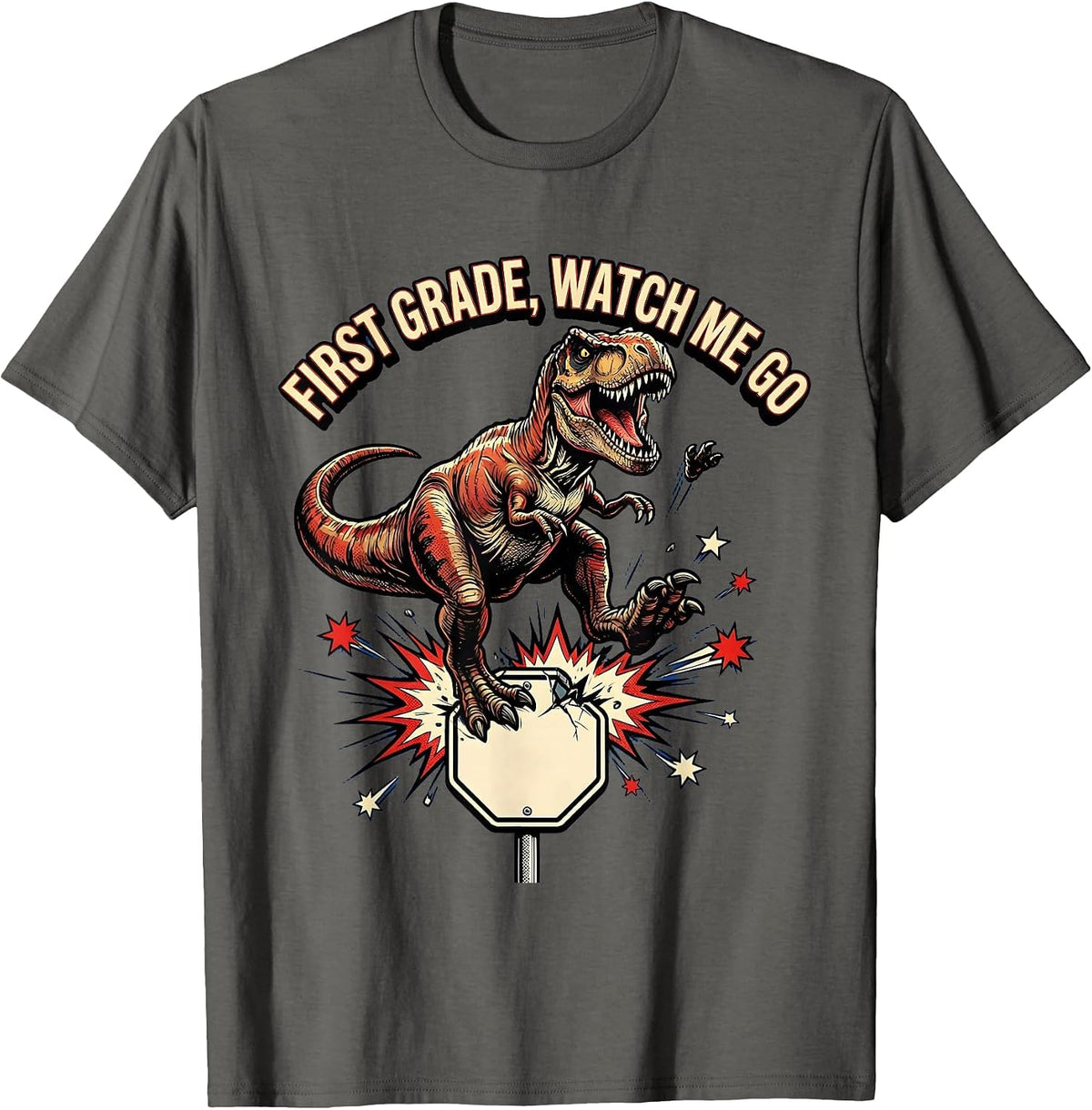 Men's First Grade Watch Me Go Comic Book Dinosaur Boy Back T-Shirt - Asphalt Grey