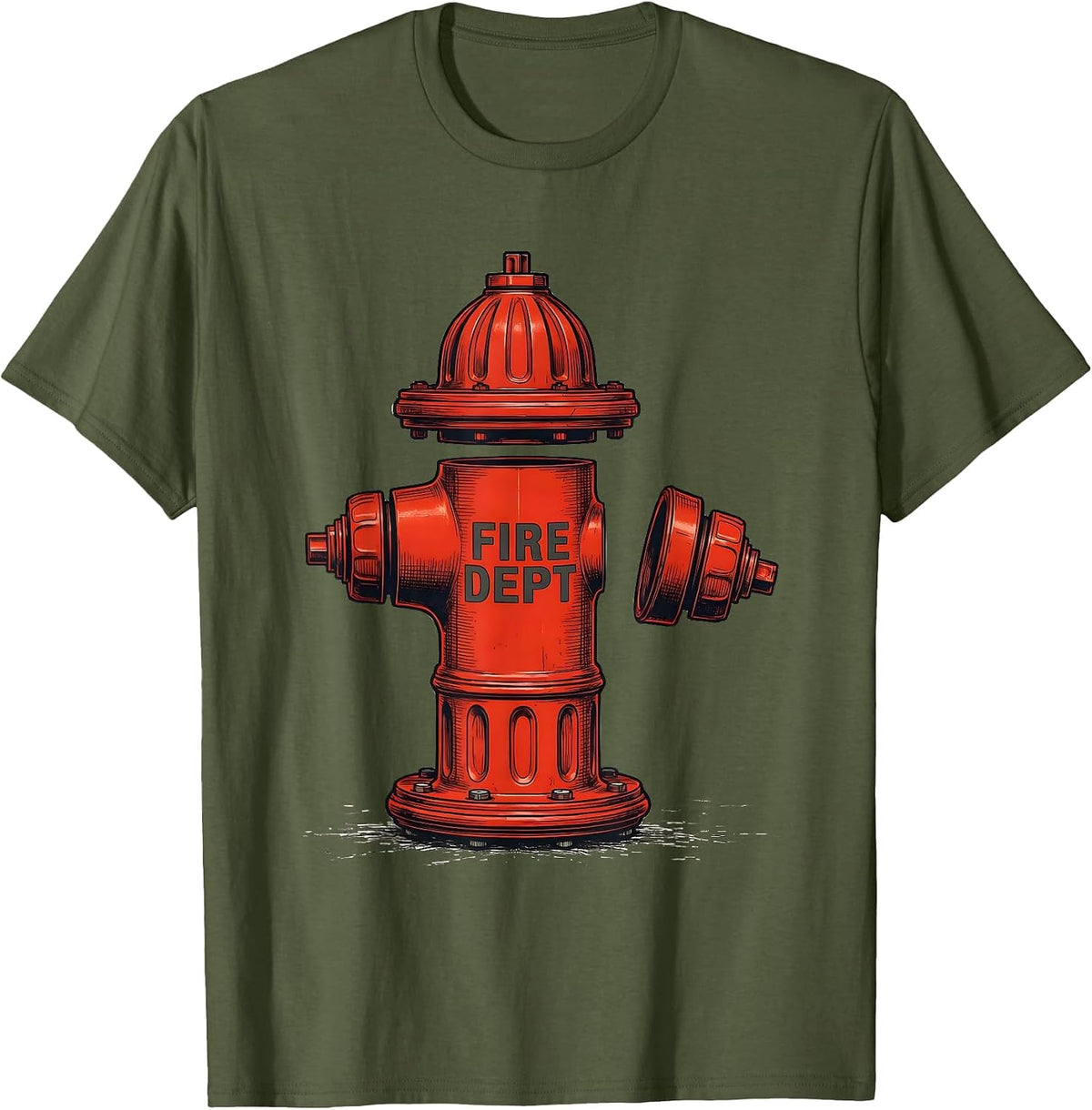 Men's Fire Dept Exploded Fire Hydrant Technical Design Firefighter T-Shirt - Olive Green