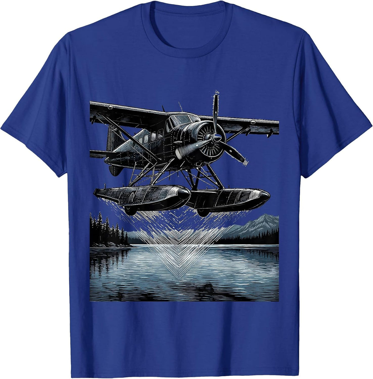 Alaska Float Plane Glassy Lake Landing Illustration T-Shirt - Royal Blue