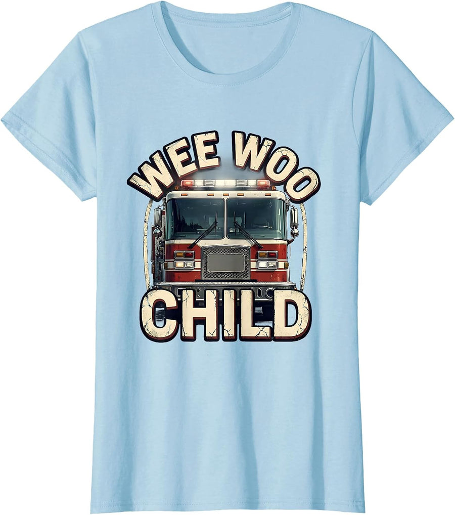 Women's Wee Woo Child Distressed Firefighter Family Humor Gift T-Shirt - Baby Blue