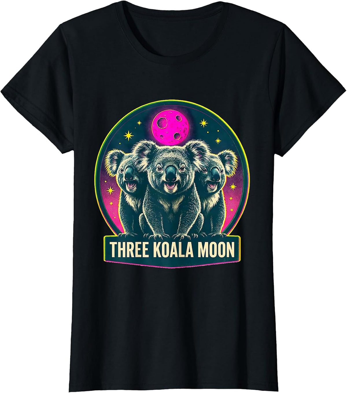 Women's Three Koala Moon Risograph Meme Halloween Party Novelty T-Shirt - Black