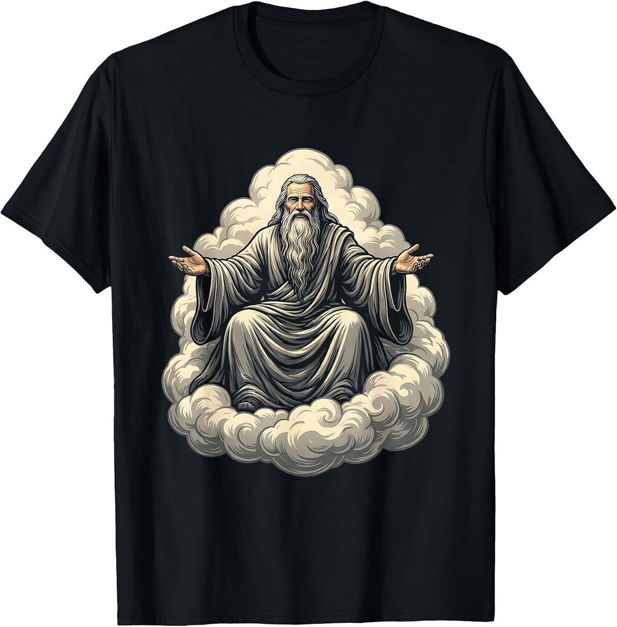 Men's Bearded Elder on Clouds Celestial Art Design T-Shirt - Black