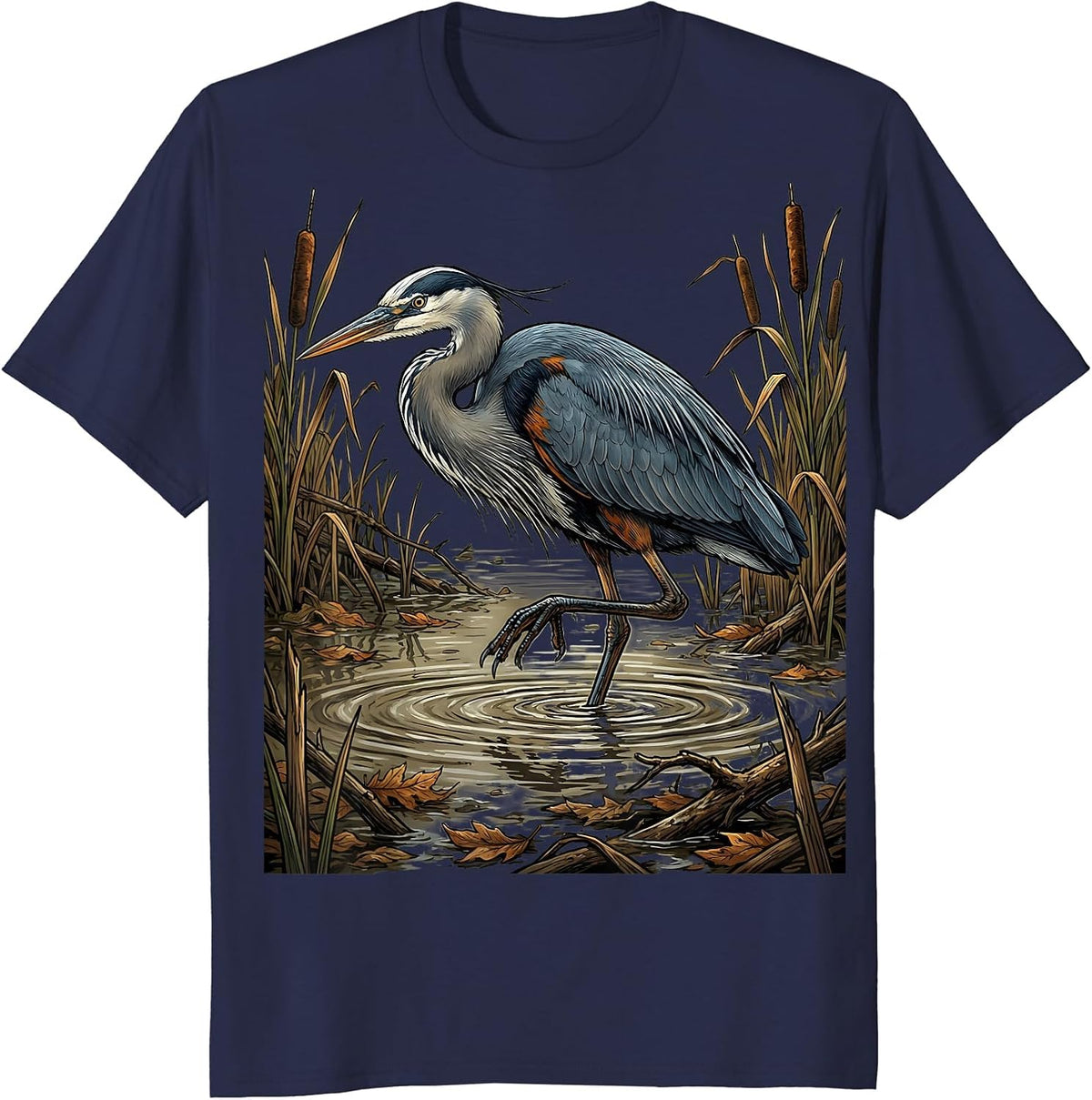 Great Blue Heron Bottomland Camo Hunting Design T-Shirt - Navy Blue