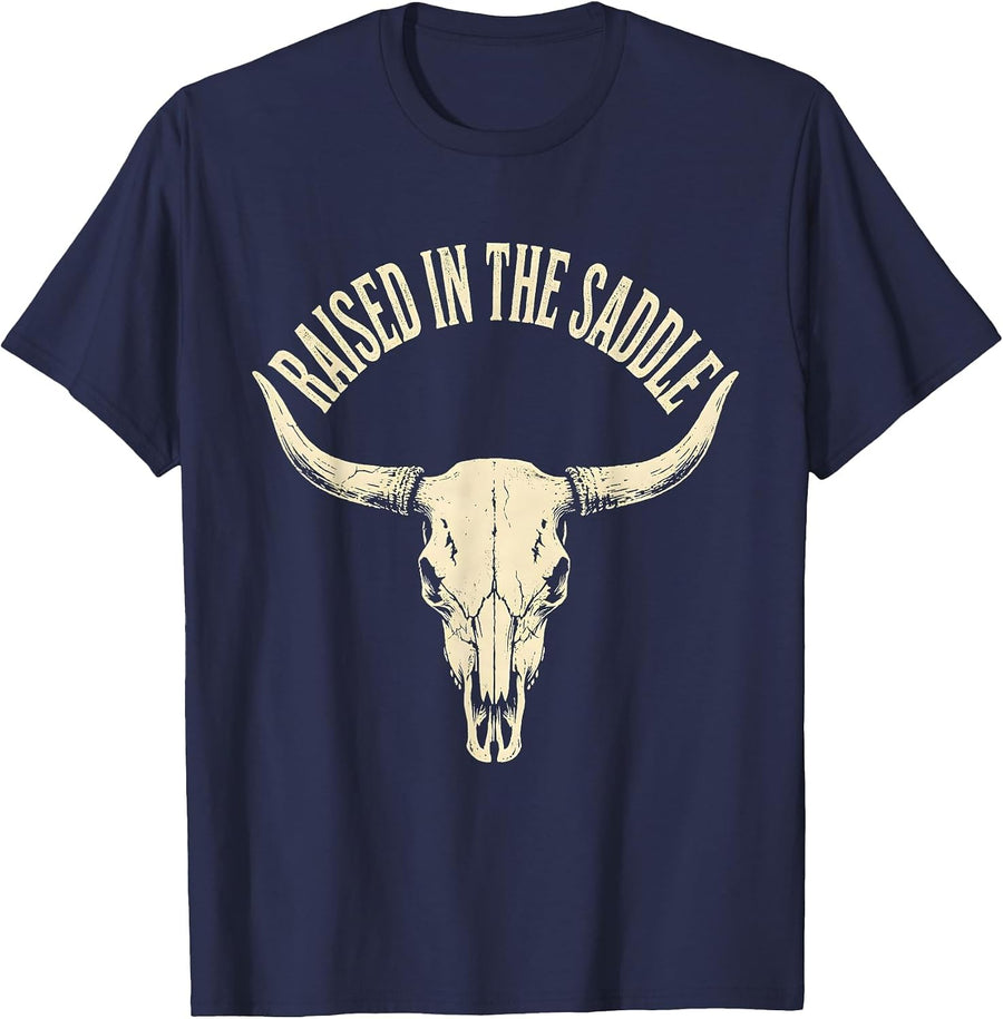 Raised In The Saddle Boho Western Mono Cowboy Rodeo Heritage T-Shirt - Navy Blue