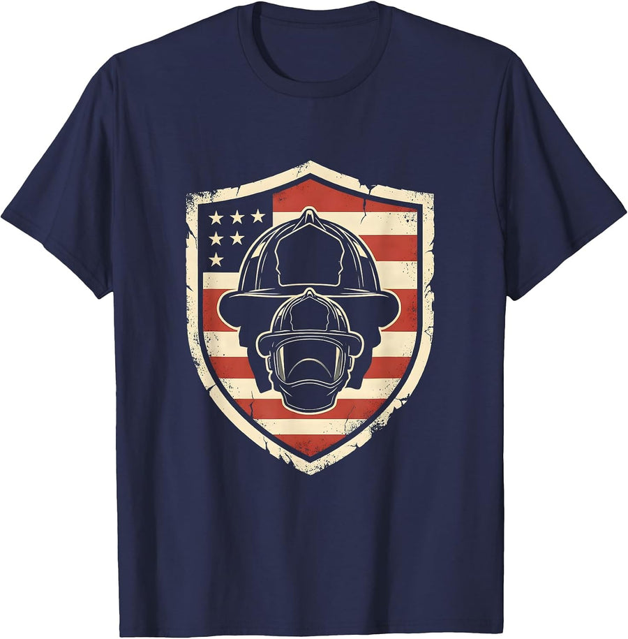 Firefighter Helmet Shield Patriotic Dad Role Tribute T-Shirt - Navy Blue