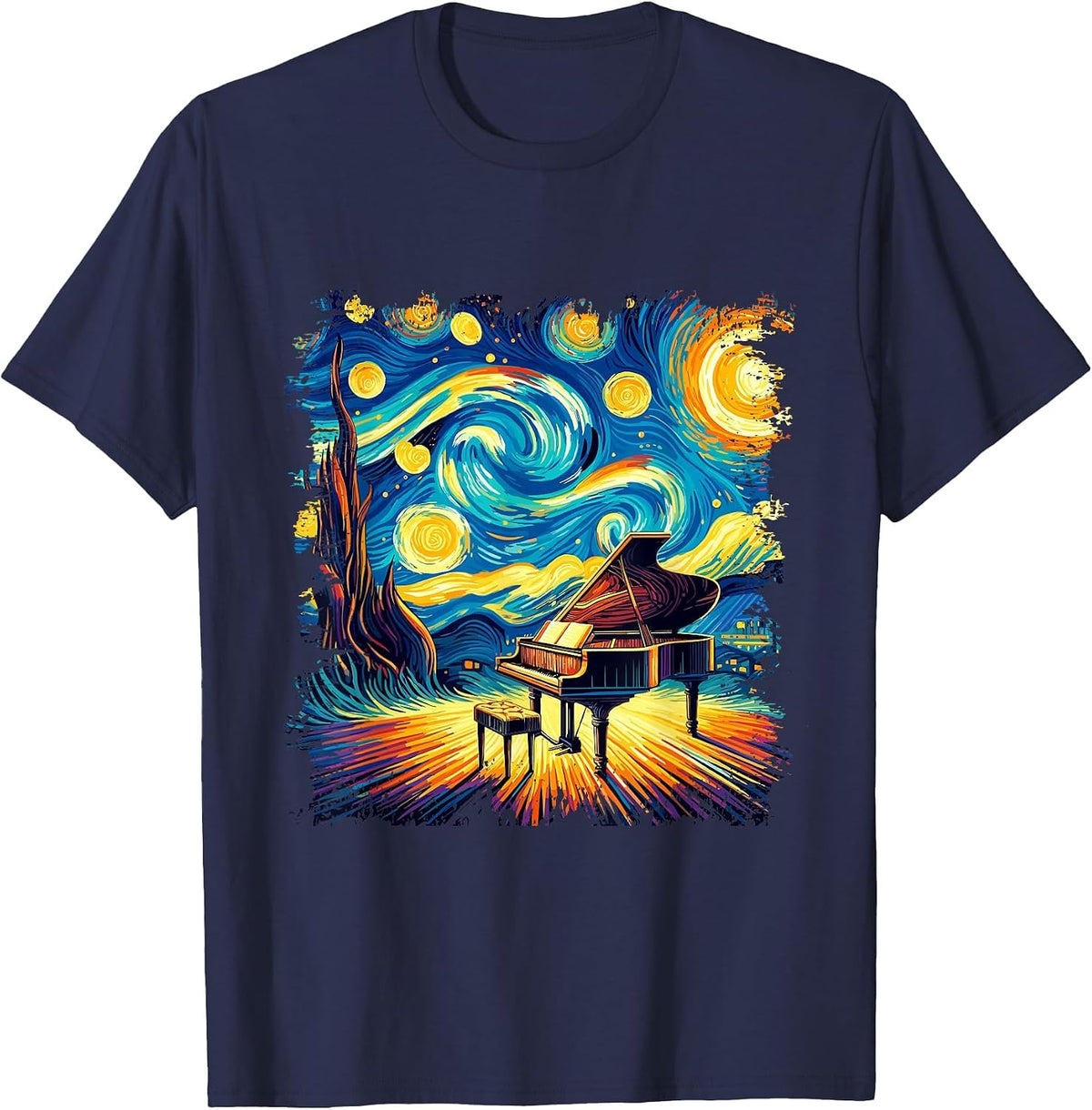 Classical Piano Starry Night Shirt Van Gogh Painting Pianist T-Shirt - Navy Blue