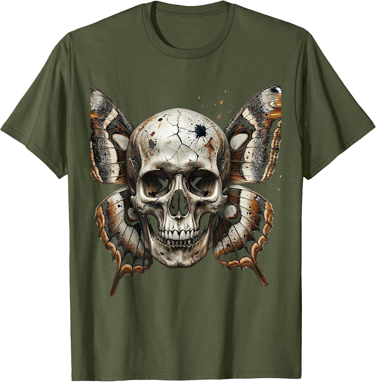 Grunge Skull Moth Wings Dark Gothic Design T-Shirt - Olive Green