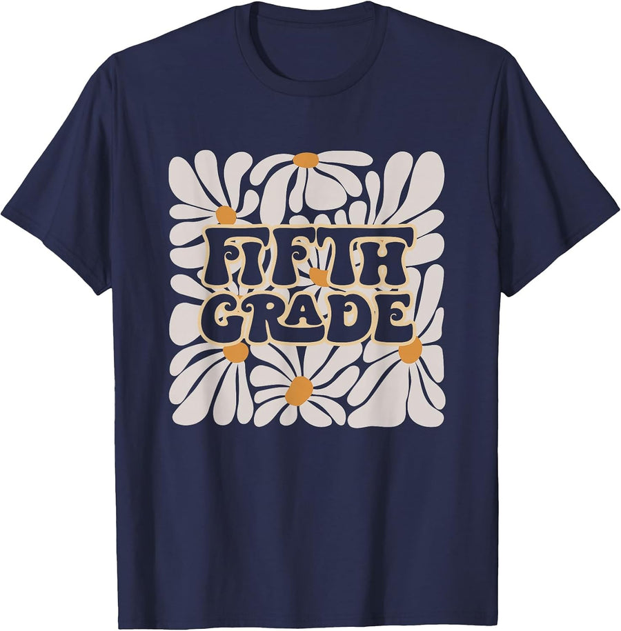 Retro Flower Power Squared Fifth 5th Grade Back to School T-Shirt - Navy Blue