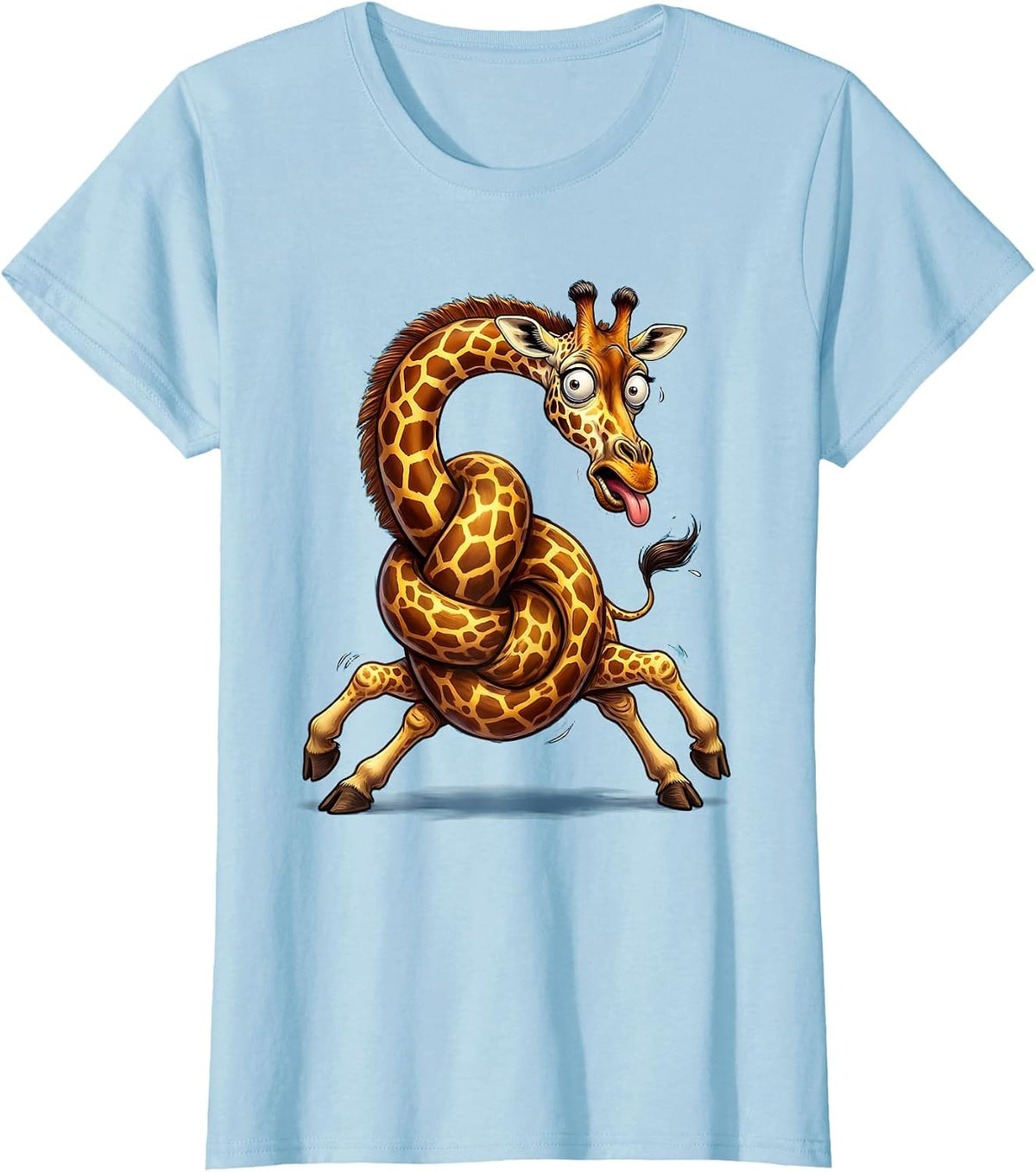 Women's Derpy Giraffe Tangled Neck Funny Animal Art T-Shirt - Baby Blue