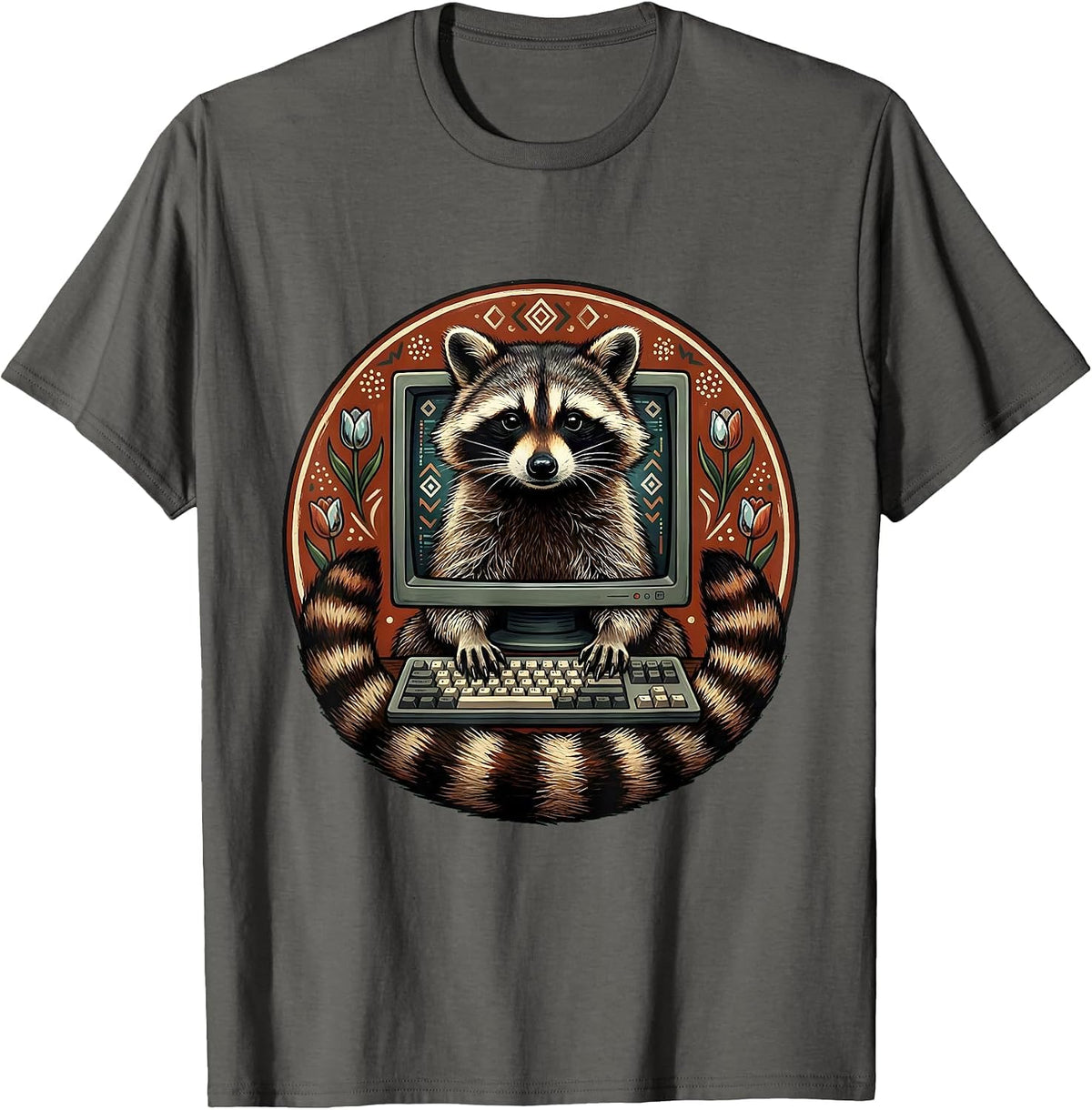 Raccoon Hacker Glowing Computer Graphic Tee T-Shirt - Asphalt Grey