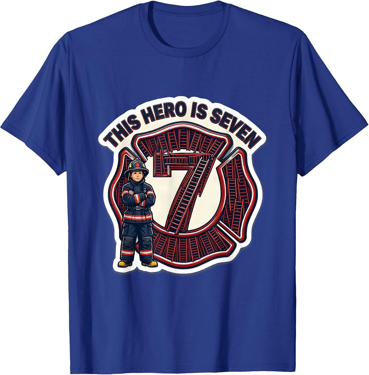 Men's This Hero Is Seven Cute Fire Truck Toddler Firefighter T-Shirt - Royal Blue