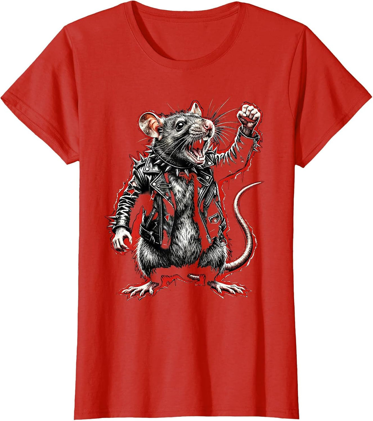 Punk Rat in Leather Jacket Graphic Tee T-Shirt - Red