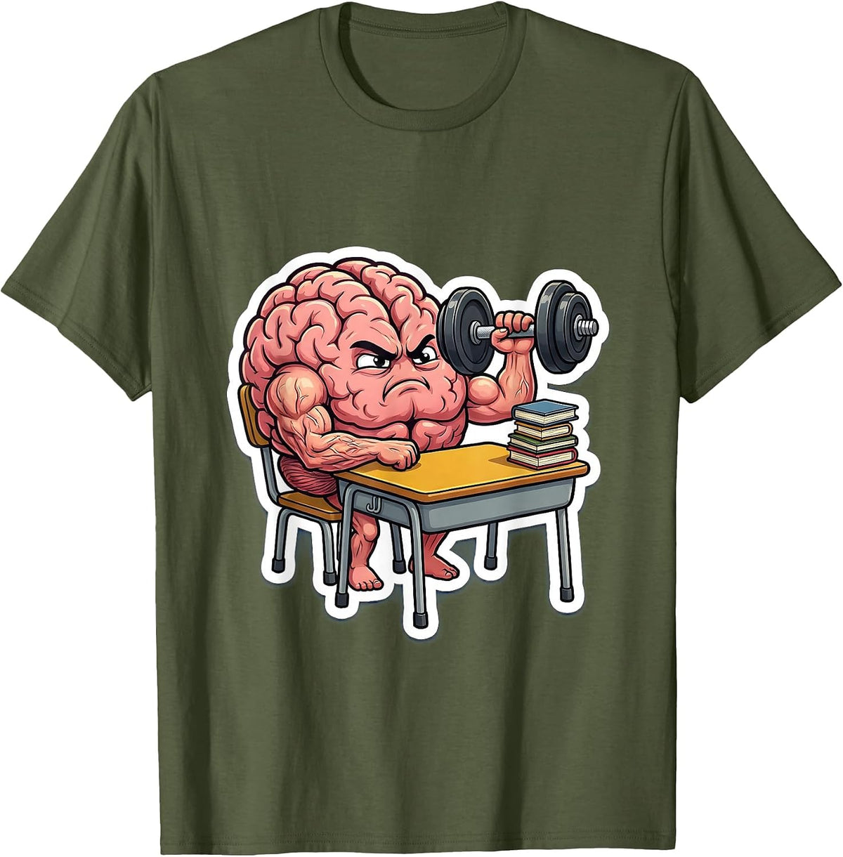 Funny Teacher Brain Lifting Weights Gym Humor T-Shirt - Olive Green