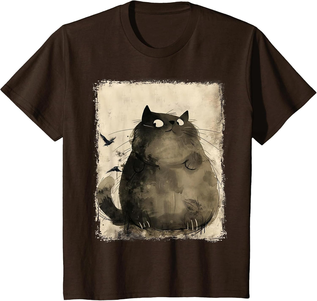 Funny Japanese Fat Black Cat Art Anime Vintage Black Cat T-Shirt - Brown