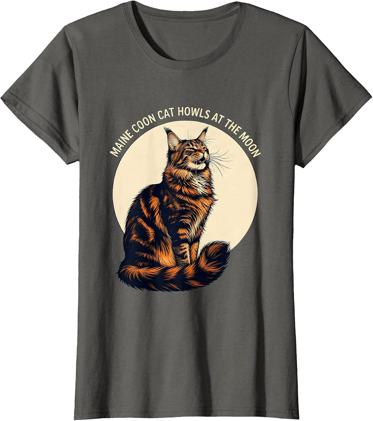 Women's Maine Coon Cat Howls at the Moon Funny Retro Novelty T-Shirt - Asphalt Grey
