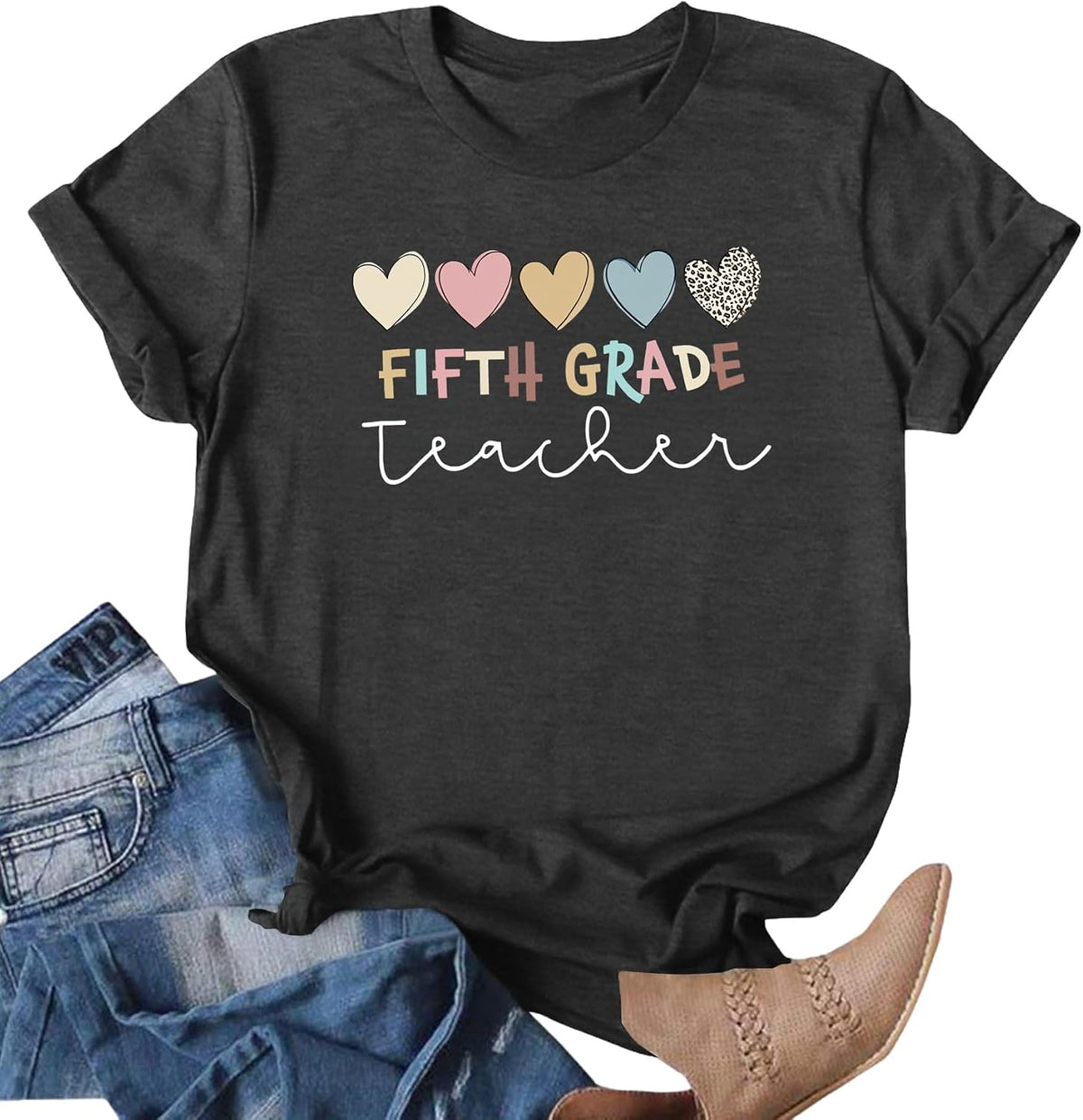 First Grade Shirt for Women Teacher Back to School Tee Colorful First Day of School Top Rainbow Graphic T-Shirt - 06-darkgrey