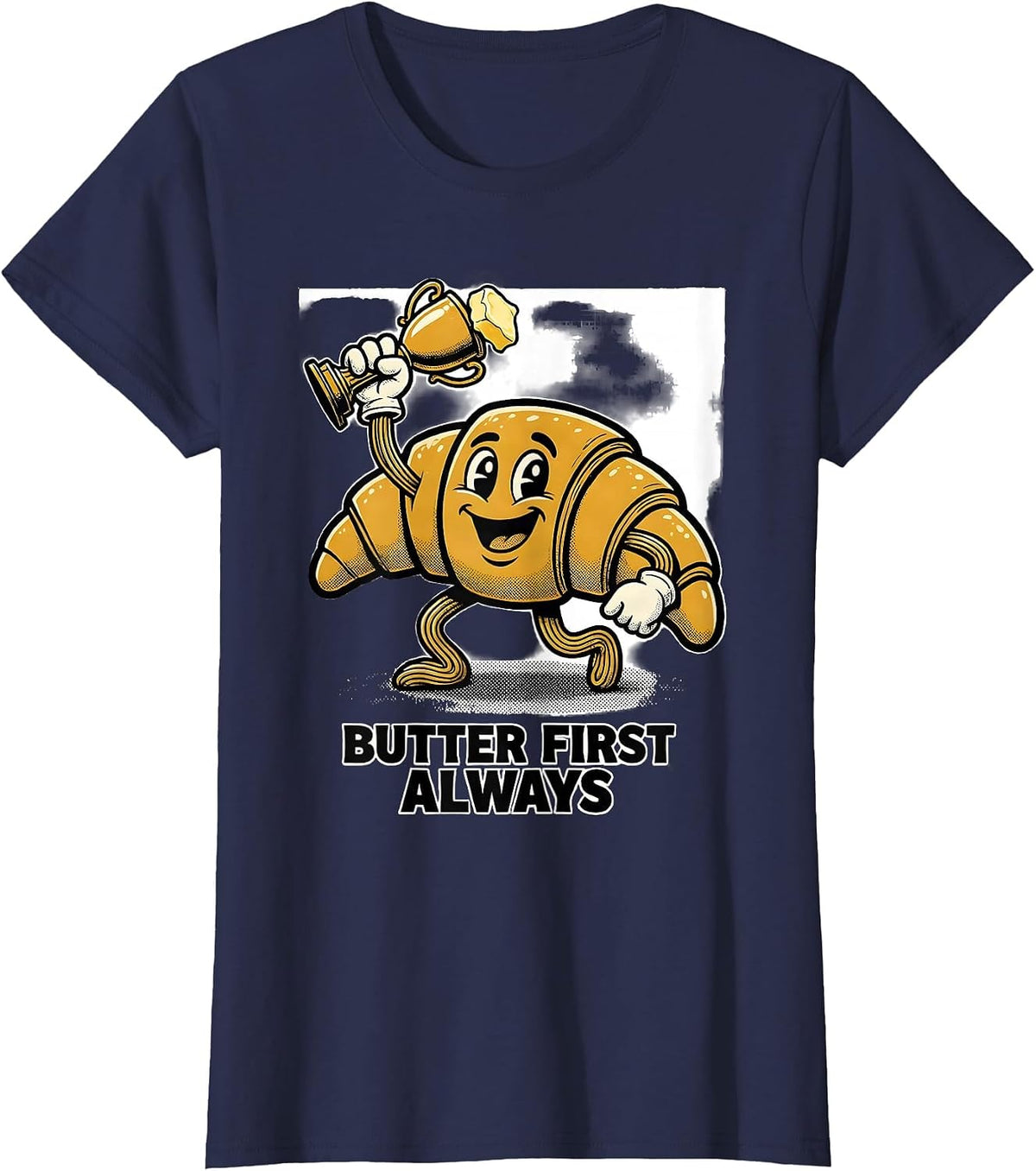 Women's Butter First, Always Retro Cartoon French Croissant Bakery T-Shirt - Navy Blue