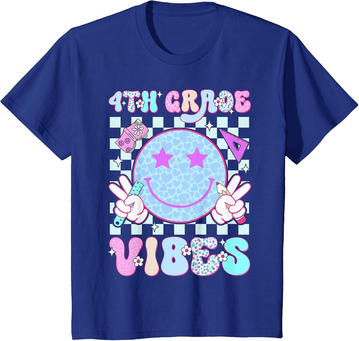 4th Fourth Grade Vibes Smile Face Back to School Teacher T-Shirt - Royal Blue