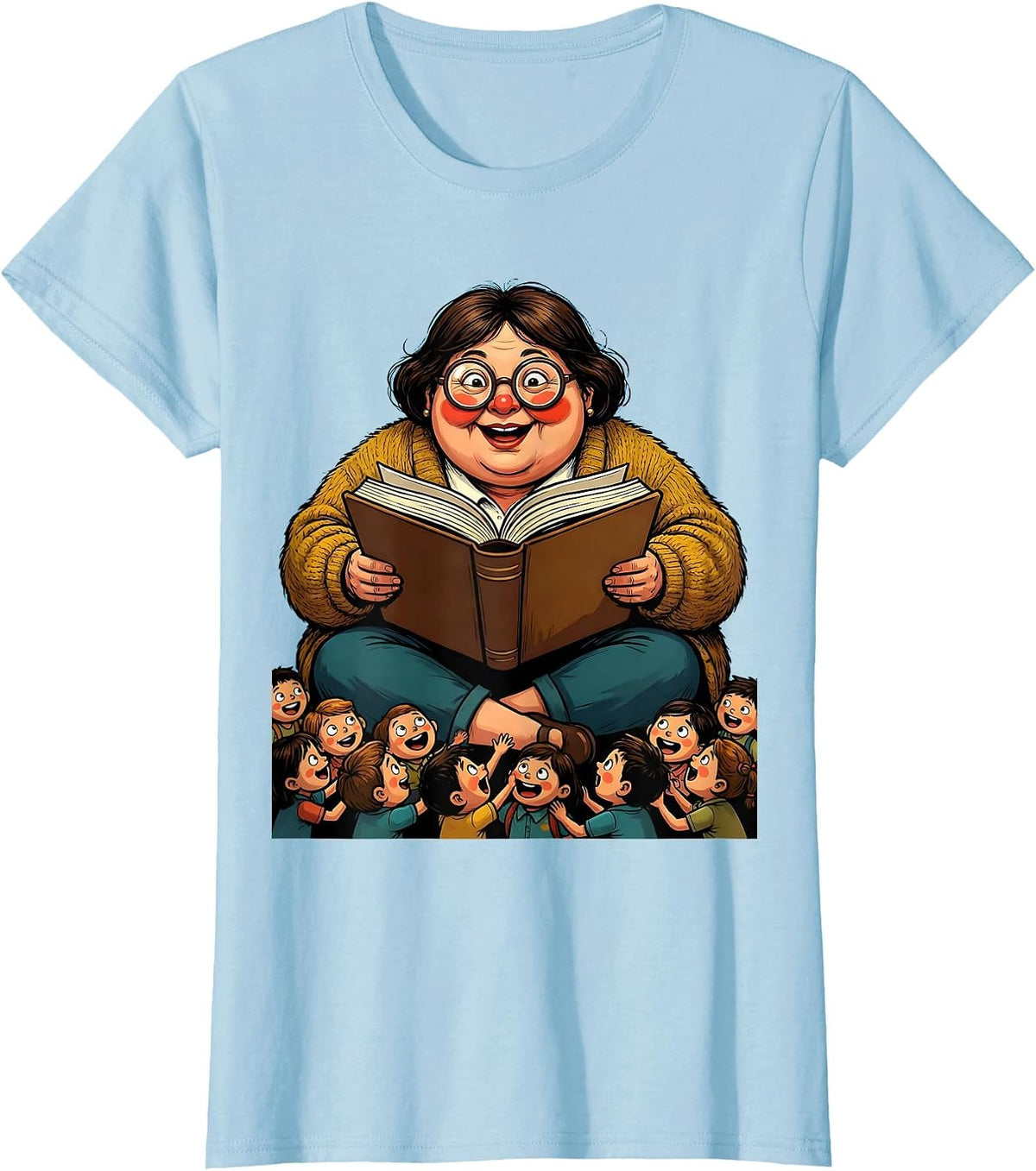 Cozy Teacher Reading Aloud to Tiny Students T-Shirt - Baby Blue