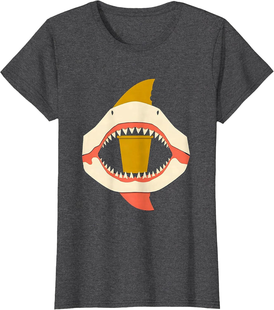 Women's Shark Jaw Prize Cup Paper Cutout Funny Ocean Animal T-Shirt - Dark Heather Grey