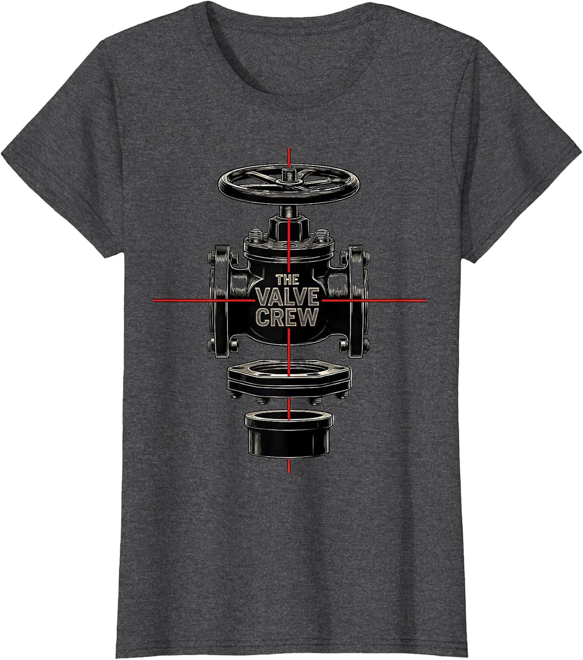 Women's THE VALVE CREW Exploded View Technical Firefighter Humor T-Shirt - Dark Heather Grey