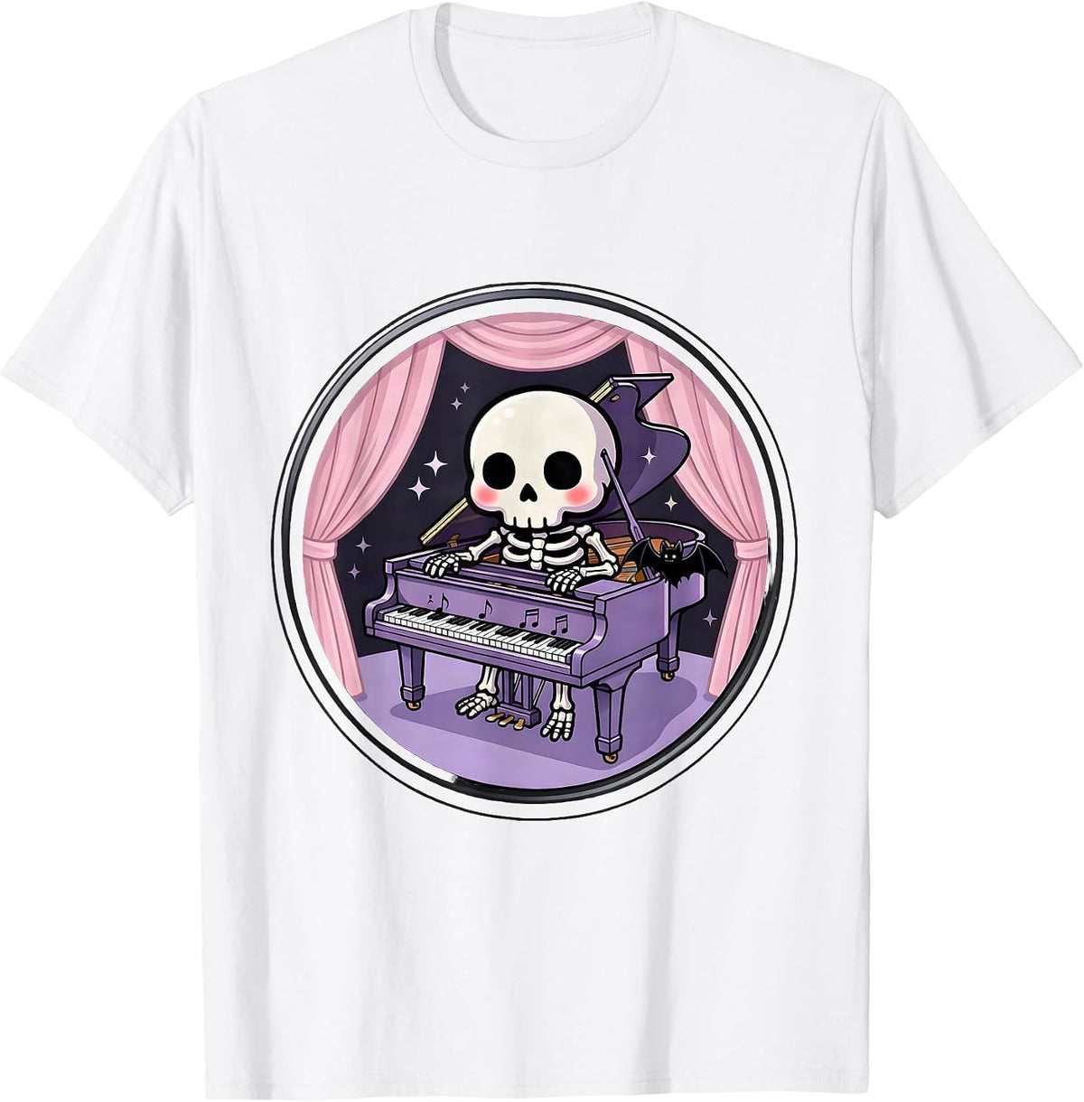 Men's Skeleton Pianist Empty Theater Emo Gothic Design T-Shirt - White