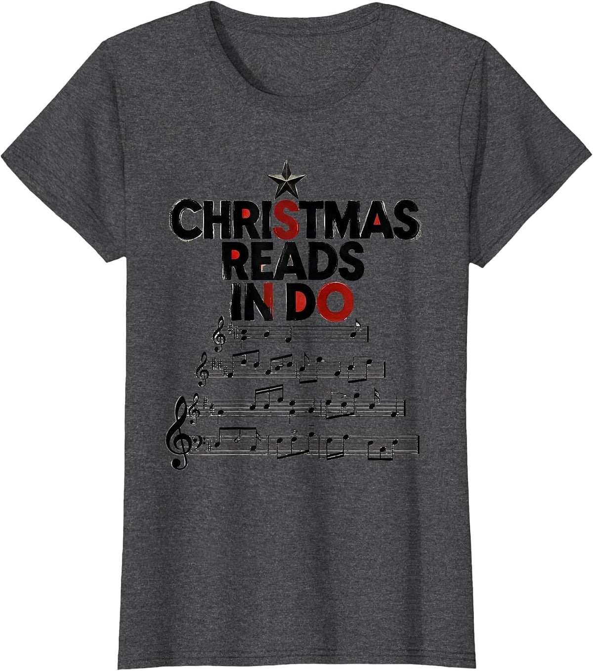 Women's Christmas Reads In Do Wood Type Letterpress Music Teacher T-Shirt - Dark Heather Grey
