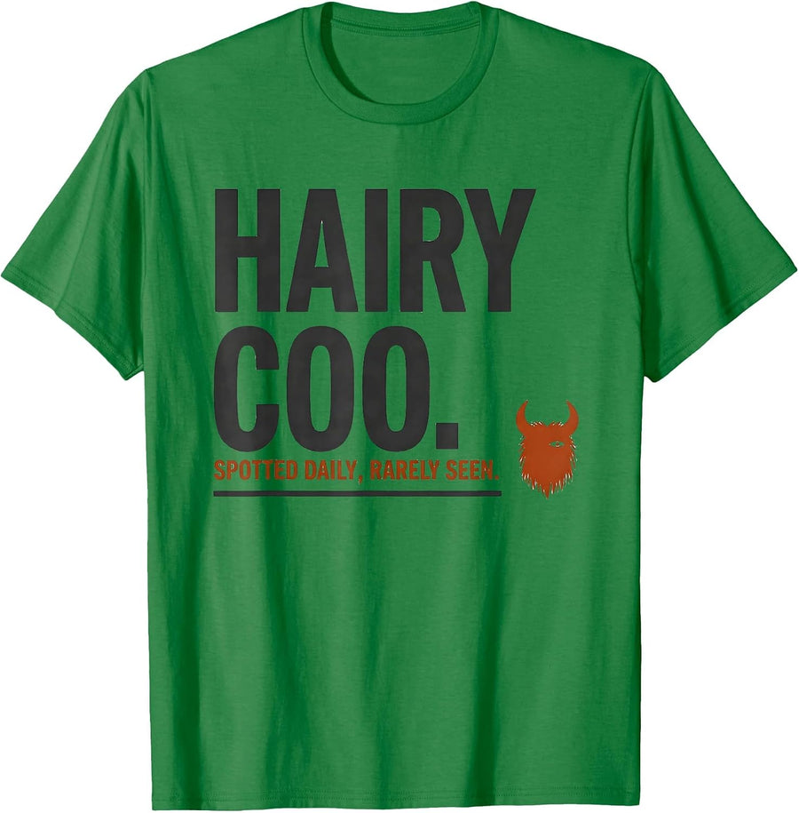 Men's Hairy Coo Spotted Daily Rarely Seen Funny Highland Cow Lover T-Shirt - Kelly Green