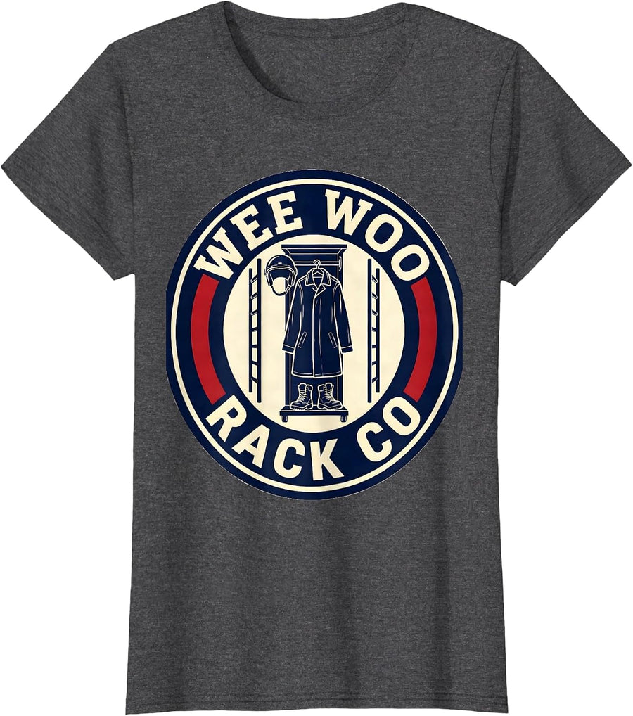 Women's WEE WOO RACK CO Sports Firefighter Crew Humor T-Shirt - Dark Heather Grey