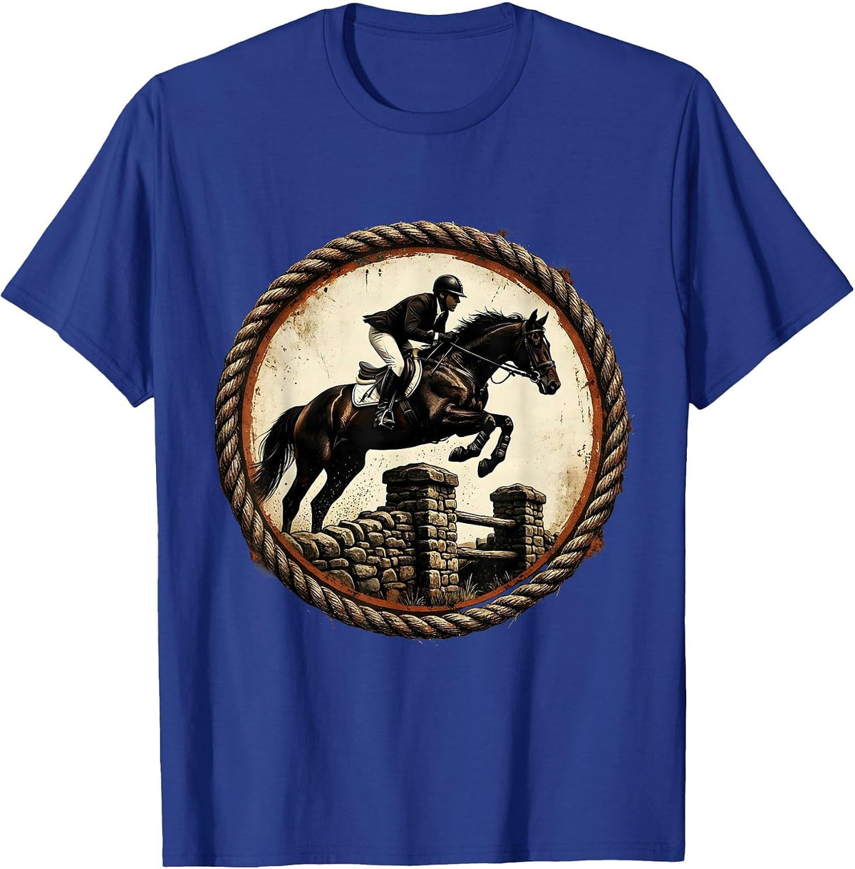 Horse and Rider Jumping Stone Fence Illustration T-Shirt - Royal Blue