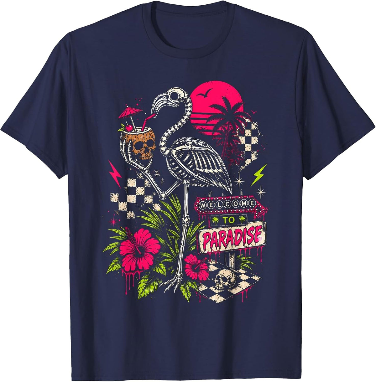 Welcome to Paradise Goth Summer Skeleton Flamingo Sunset T-Shirt - Navy Blue