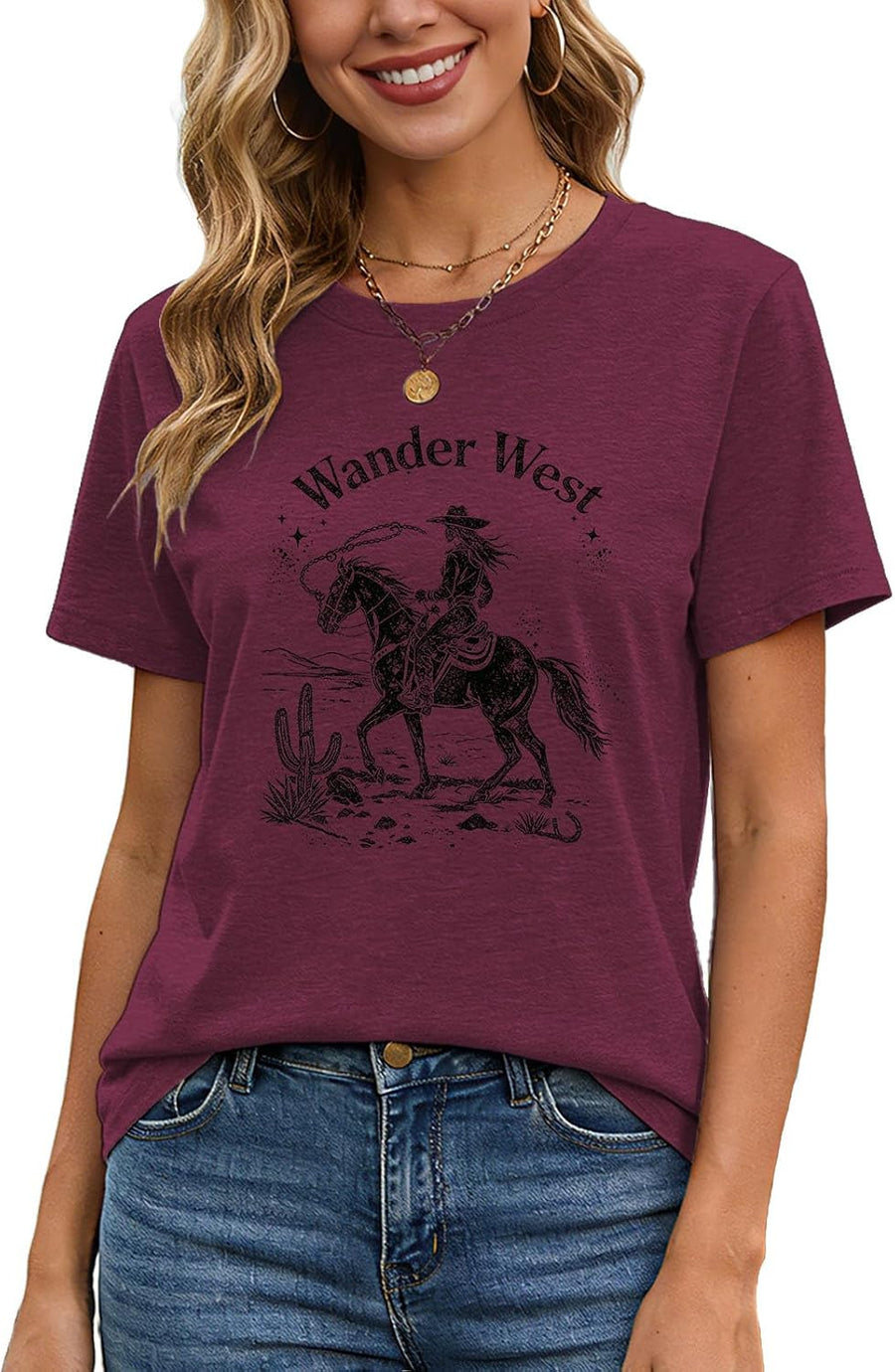 Wander West Womens Western Graphic Tee, Cowboy Desert Print Crew Neck - Burgundy