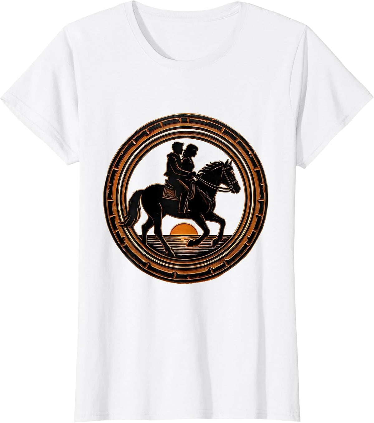 Women's Silhouette Couple on Horseback at Dusk Design T-Shirt - White