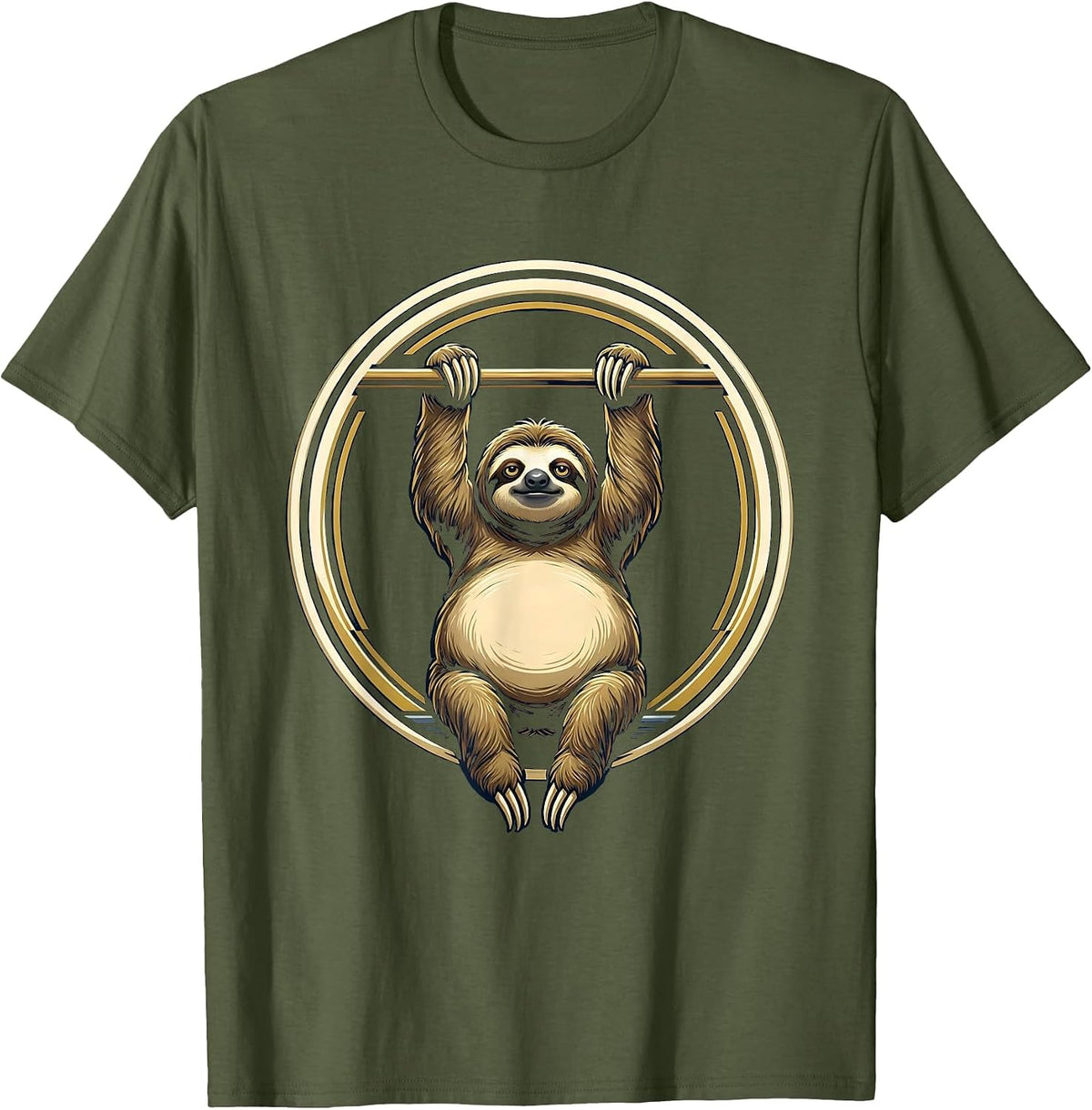 Lazy Sloth Pull-Up Bar Funny Workout Graphic T-Shirt - Olive Green