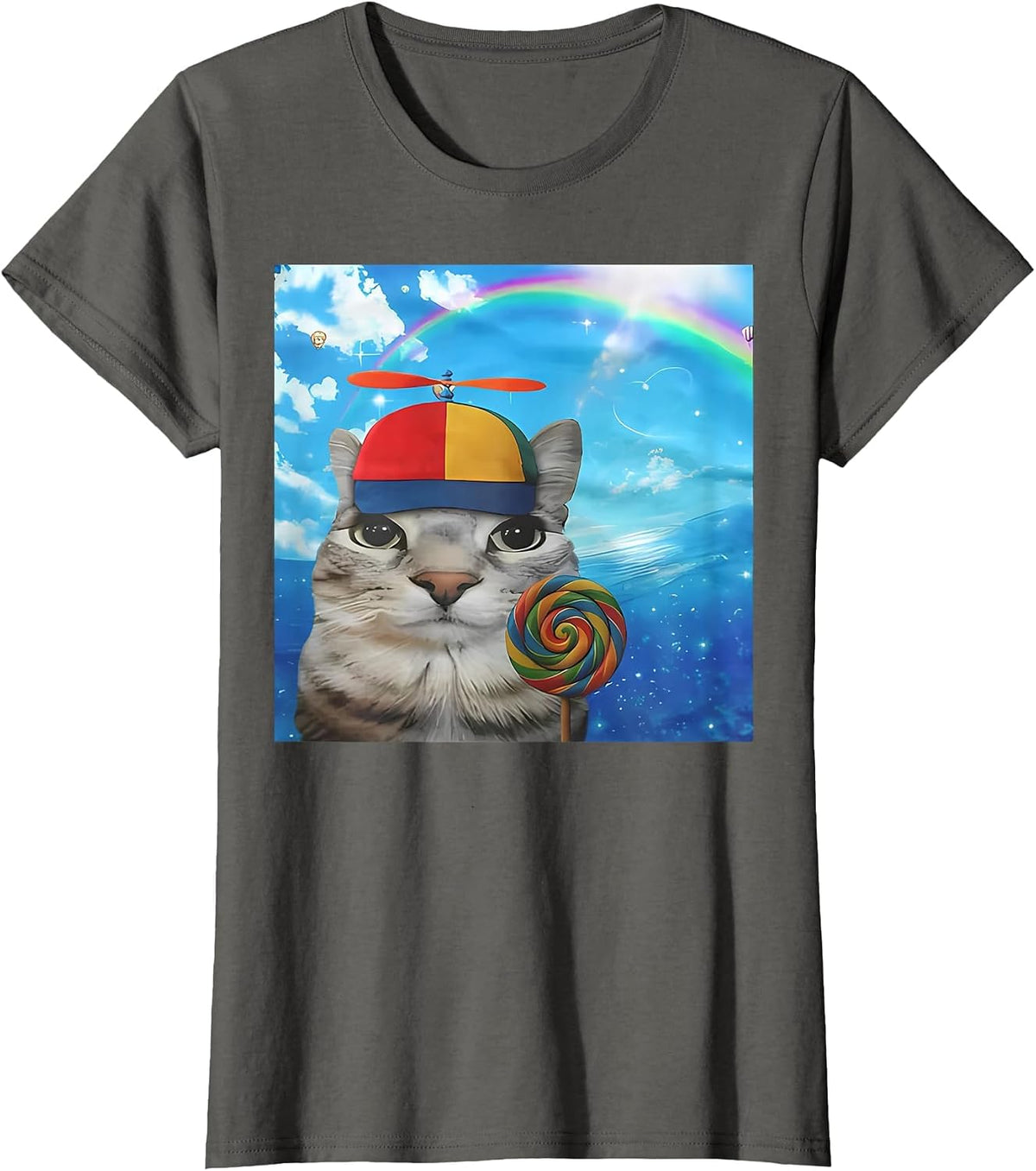 Happy Cat Dreamcore Funny Silly Kitten Brainrot Meme T-Shirt - Asphalt Grey