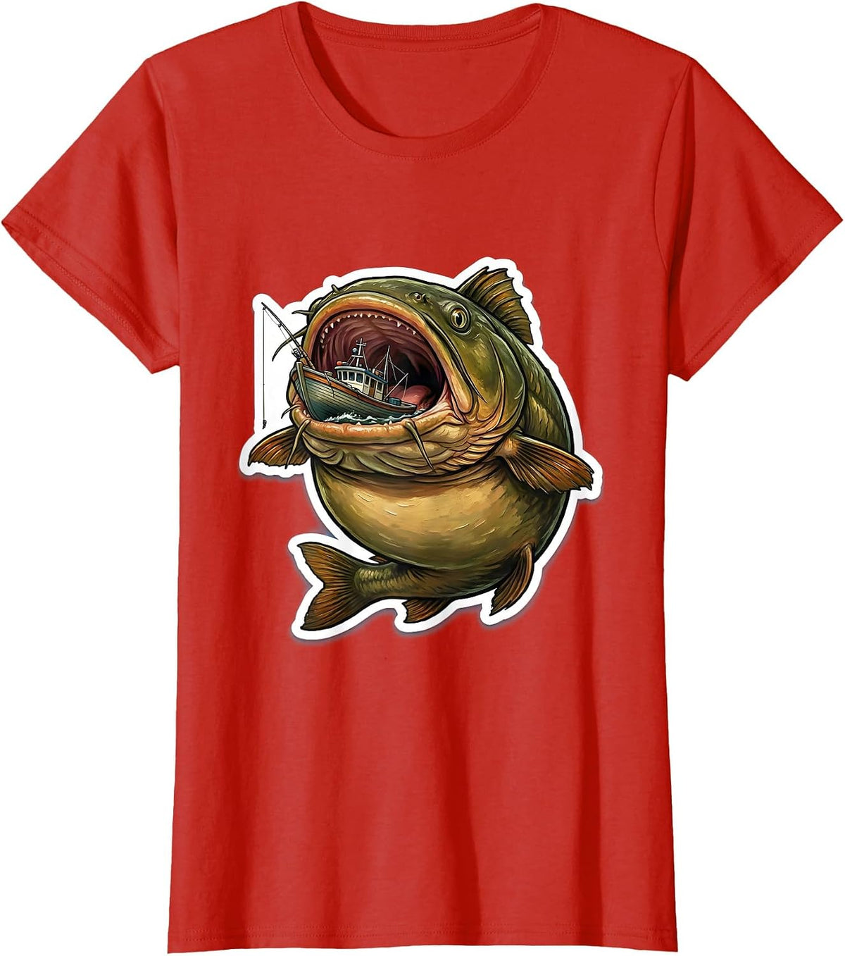Giant Catfish Swallows Fishing Boat Funny Fishing T-Shirt - Red