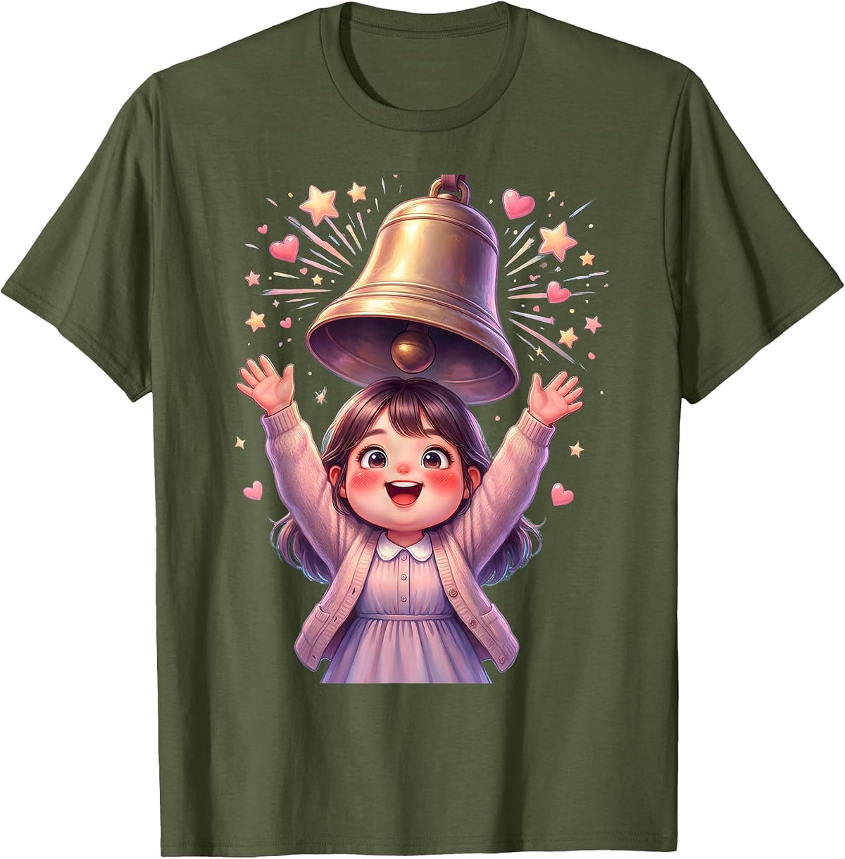 Elementary Teacher Ringing School Bell Illustration T-Shirt - Olive Green