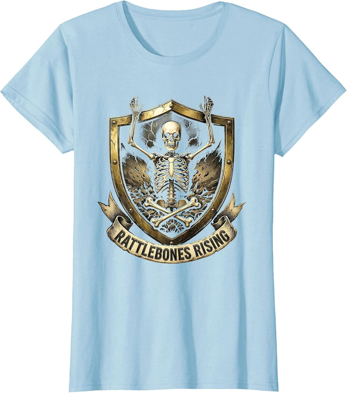 Rattlebones Rising Dark Skeleton Graphic Design T-Shirt - Baby Blue