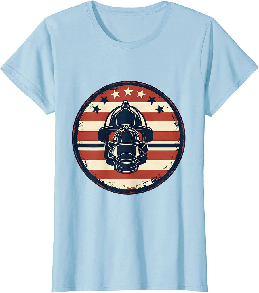 Women's Fire Helmet Pair Patriotic Dad Veteran Firefighter Gift T-Shirt - Baby Blue