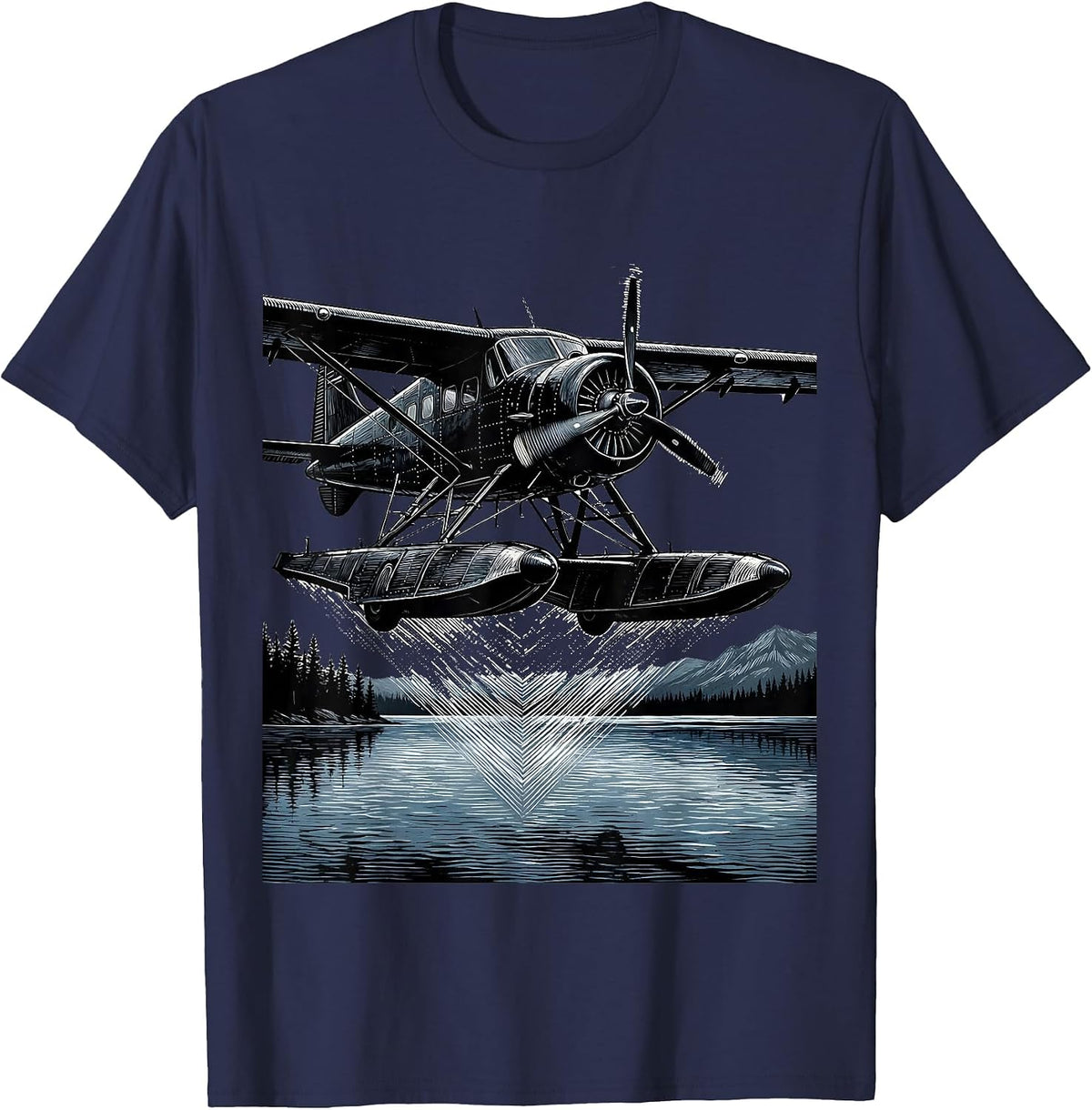 Alaska Float Plane Glassy Lake Landing Illustration T-Shirt - Navy Blue