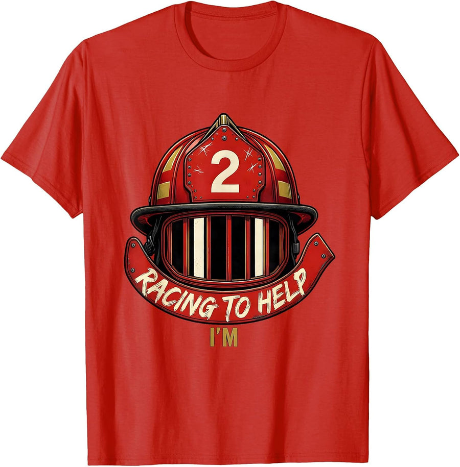 Men's Racing To Help I'm 2 Firefighter Helmet Toddler Birthday Boy T-Shirt - Red