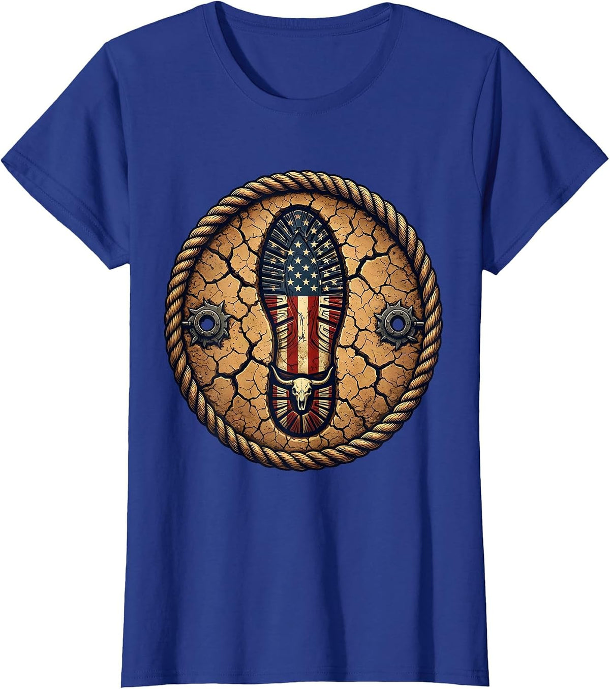 Women's Soldier Boot Print Stamped in Earth Patriotic Tee T-Shirt - Royal Blue