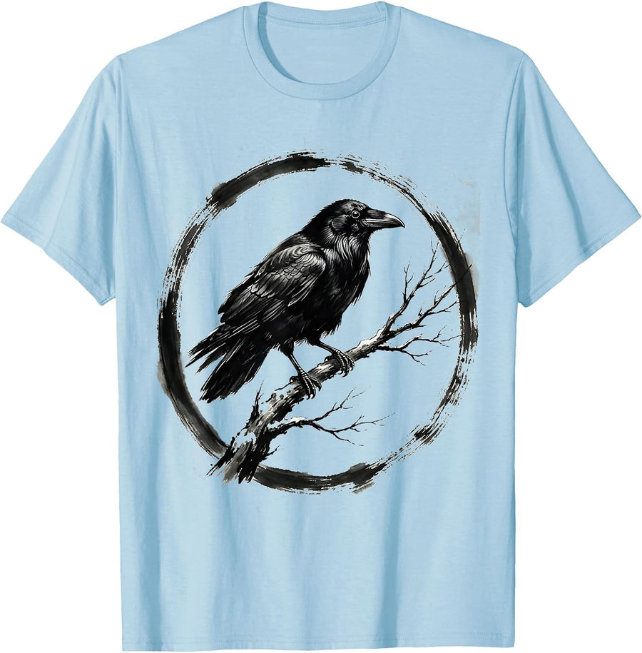 Men's Raven on Winter Branch Dark Gothic Nature Art T-Shirt - Baby Blue